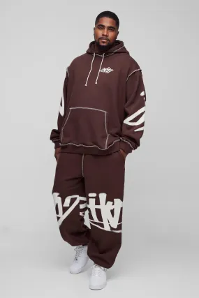 Plus Oversized Man Graffiti Rope Drawcord Hooded Tracksuit