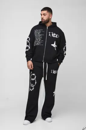 Plus Oversized Multi Placement Graffiti Zip Through Gusset Hooded Tracksuit