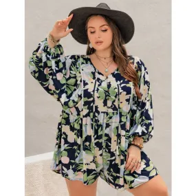 Plus Size Tied Printed Long Sleeve Romper