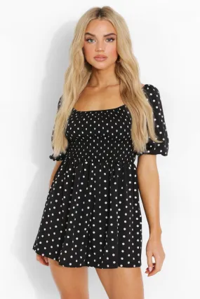 Polka Dot Shirred Bust Puff Sleeve Romper