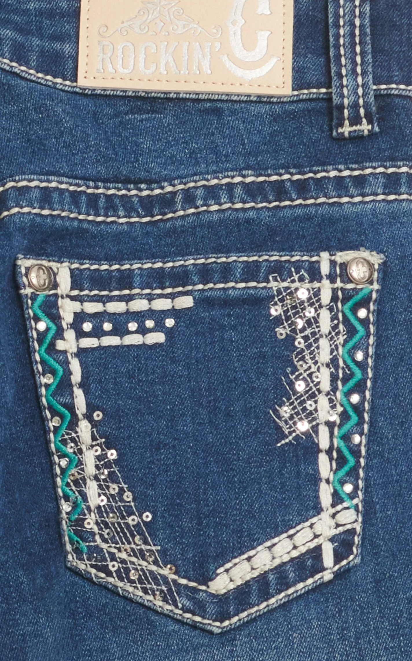 Rockin' C Girl's Dark Wash Embroidery Mesh & Zig-Zag Frame Bling Crystal Boot Cut Jeans