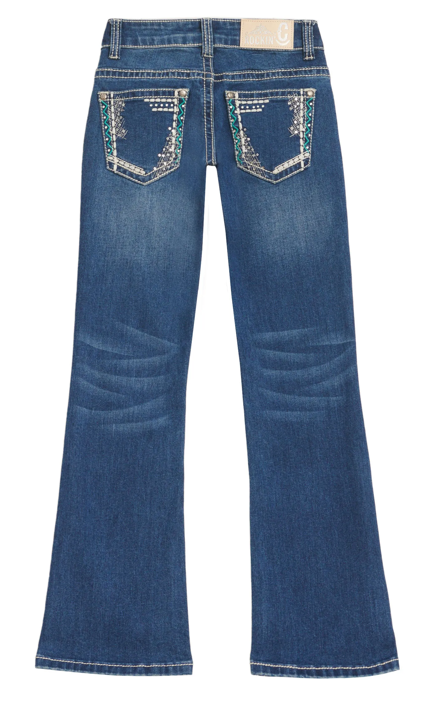 Rockin' C Girl's Dark Wash Embroidery Mesh & Zig-Zag Frame Bling Crystal Boot Cut Jeans