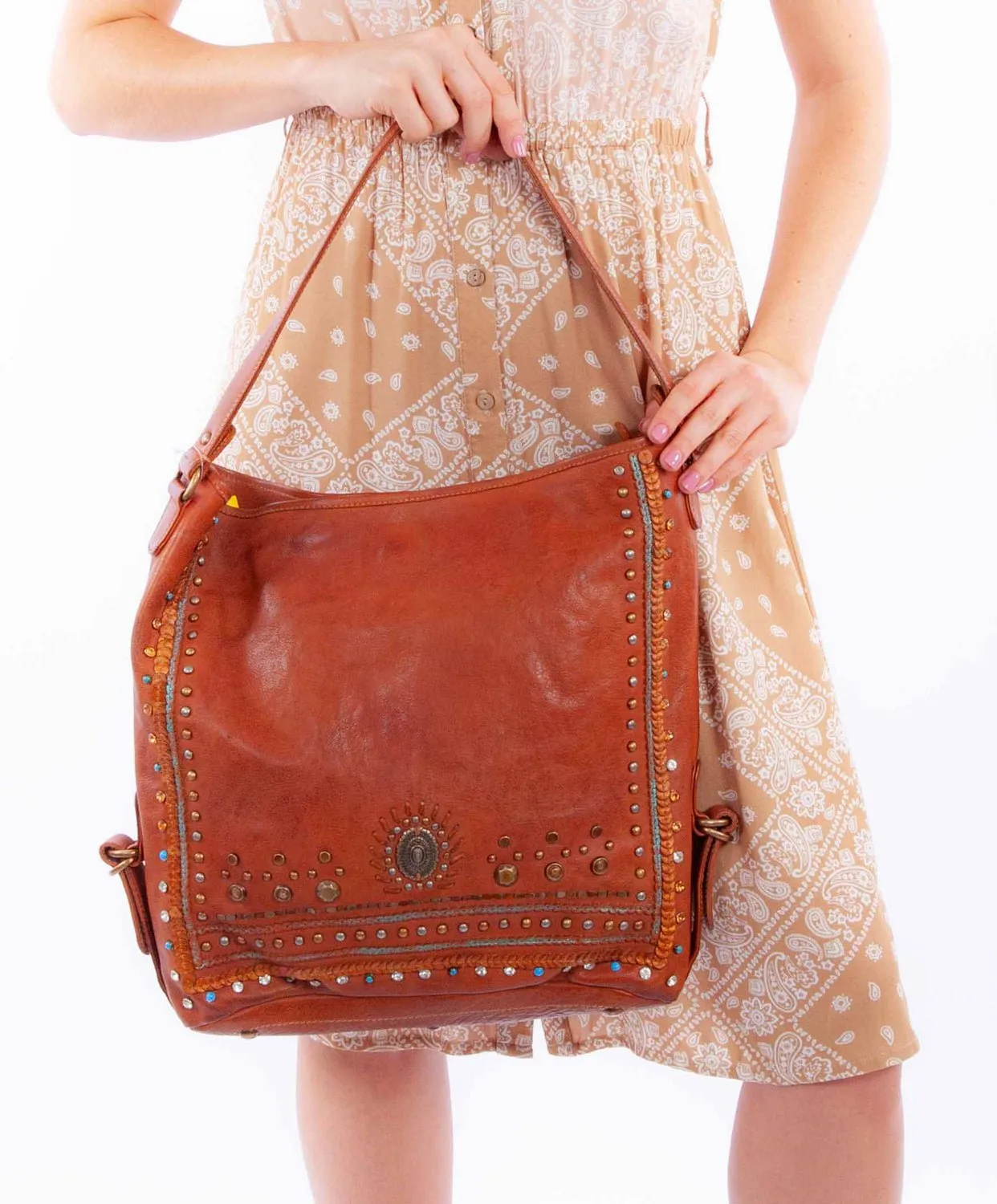 Scully Womens Large Brass Cognac Leather Bucket Bag