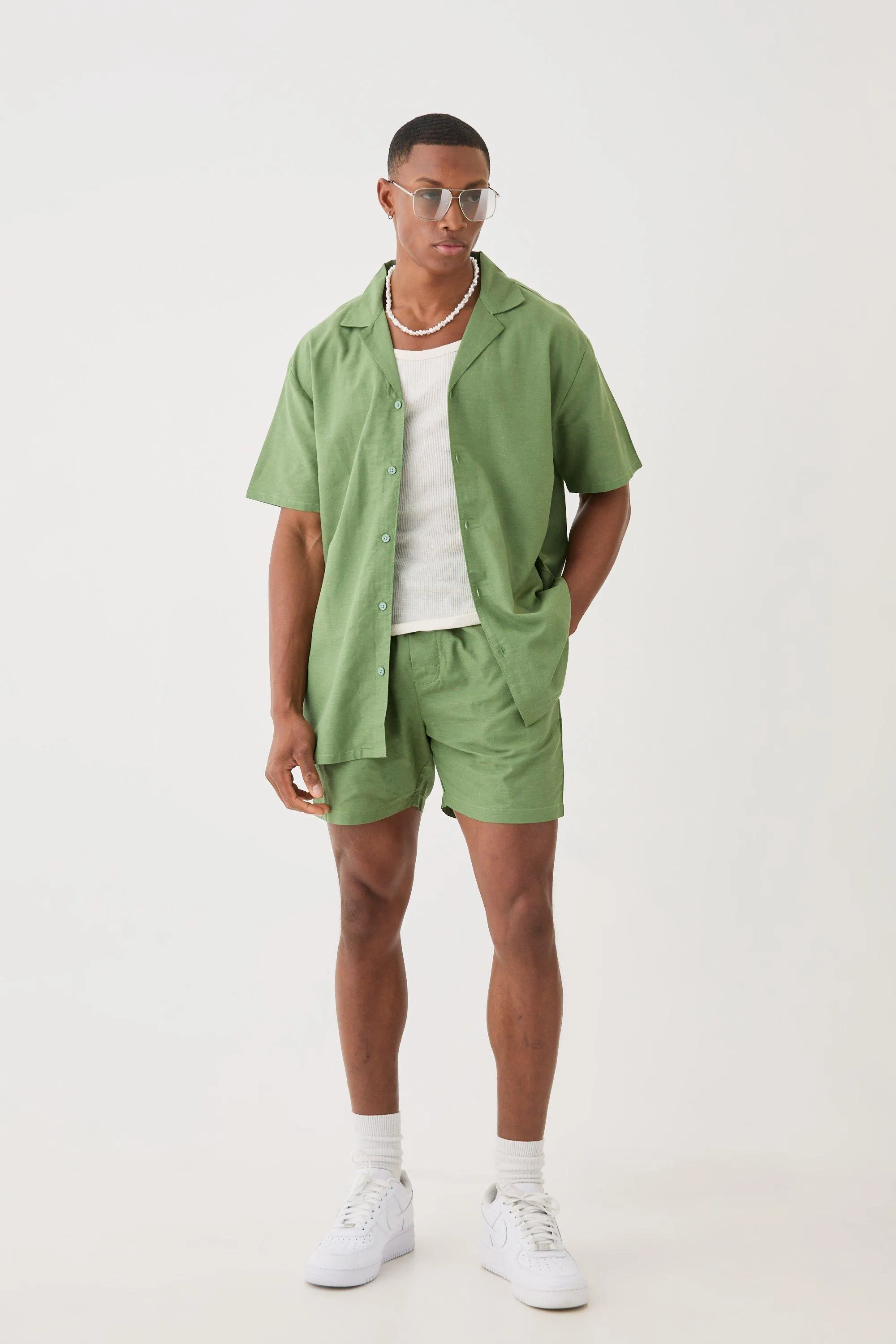 Short Sleeve Oversized Linen Shirt & Short Set | boohooMAN UK