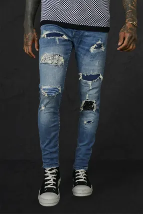 Skinny Stretch Diamante Rip & Repair Jeans | boohooMAN UK