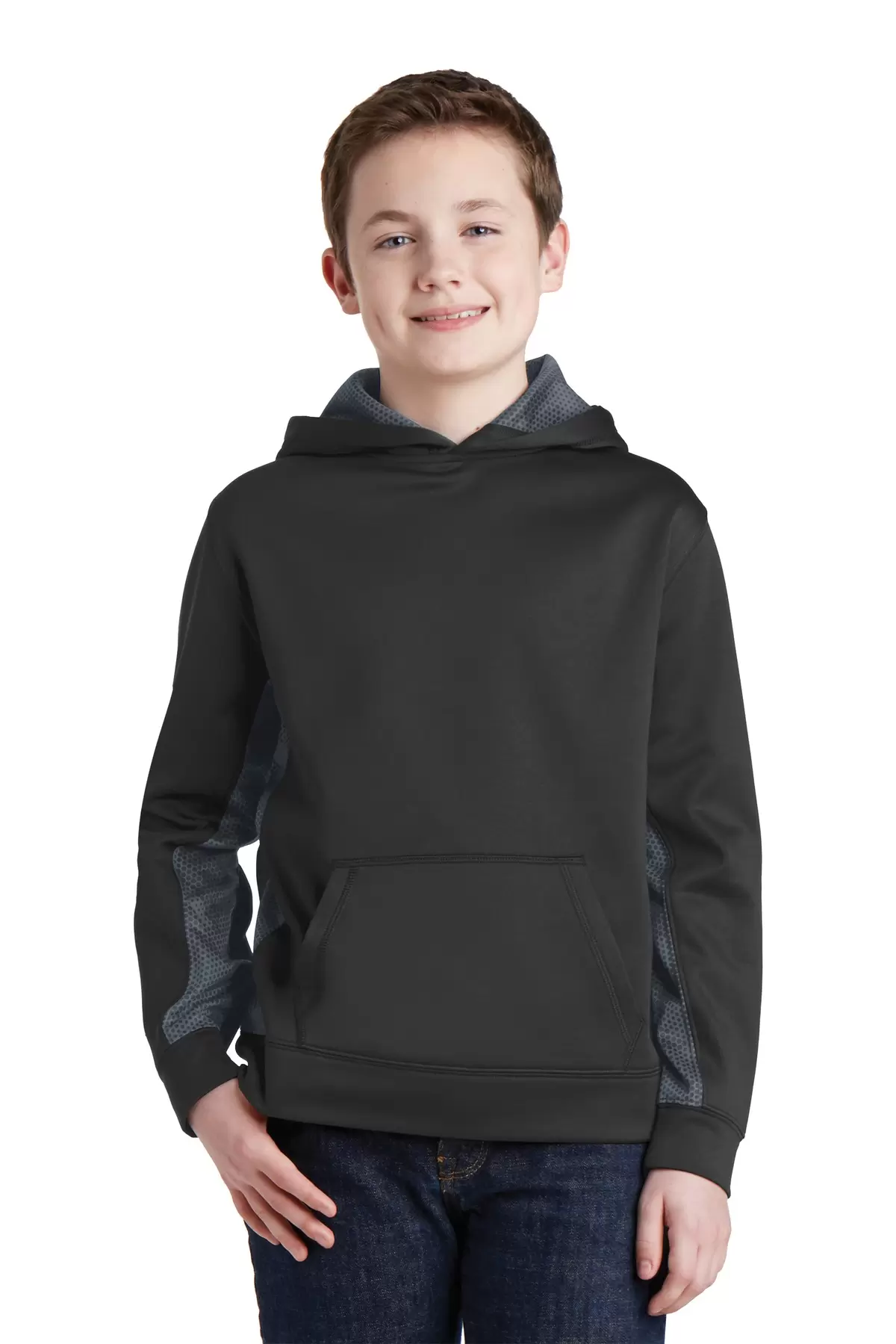 Sport Tek YST239 Sport-Tek Youth Sport-Wick CamoHex Fleece Colorblock Hooded Pullover SKU: YST239