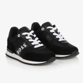 Teen Boys Black Suede Leather Logo Trainers