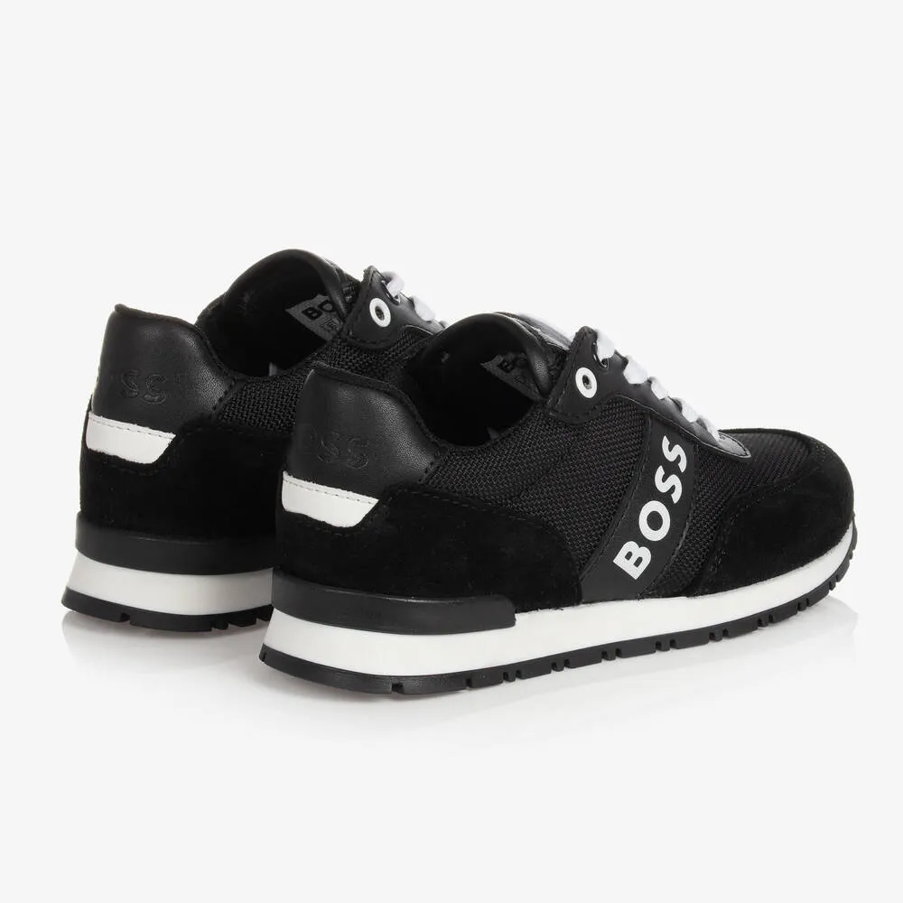 Teen Boys Black Suede Leather Logo Trainers