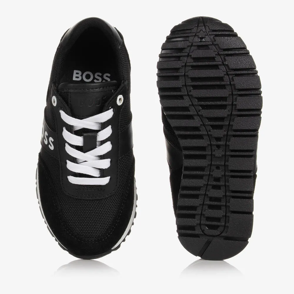 Teen Boys Black Suede Leather Logo Trainers