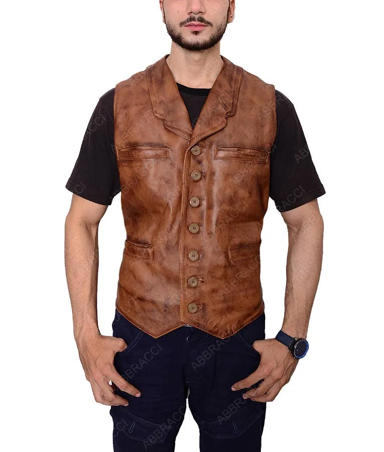 The Cowboys Slimfit Casual Style Distressed Brown Leather Vest