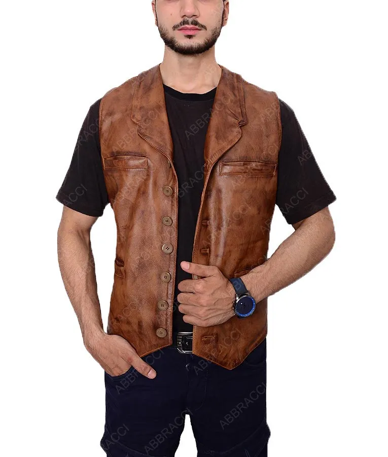 The Cowboys Slimfit Casual Style Distressed Brown Leather Vest