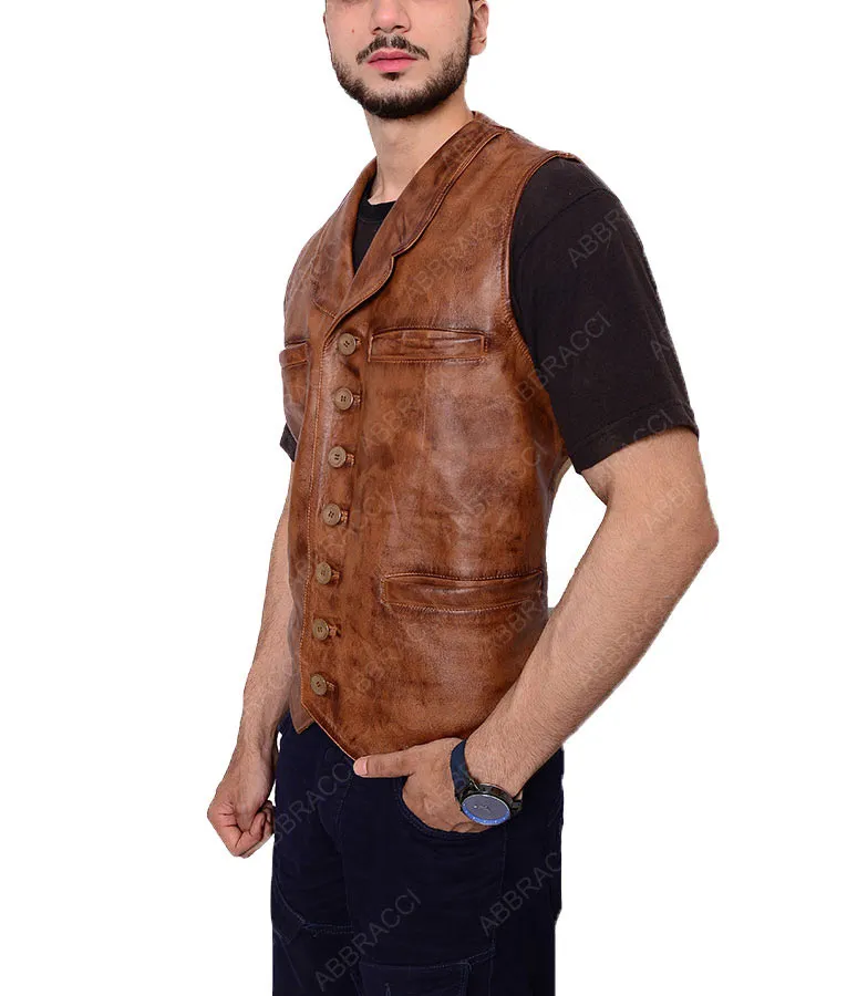 The Cowboys Slimfit Casual Style Distressed Brown Leather Vest