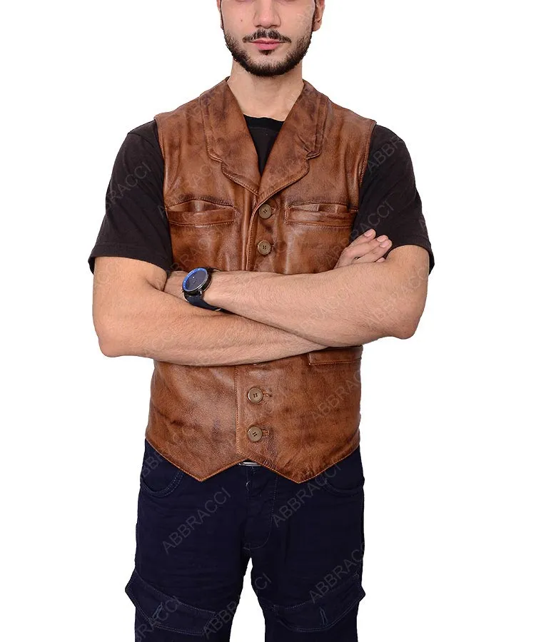 The Cowboys Slimfit Casual Style Distressed Brown Leather Vest