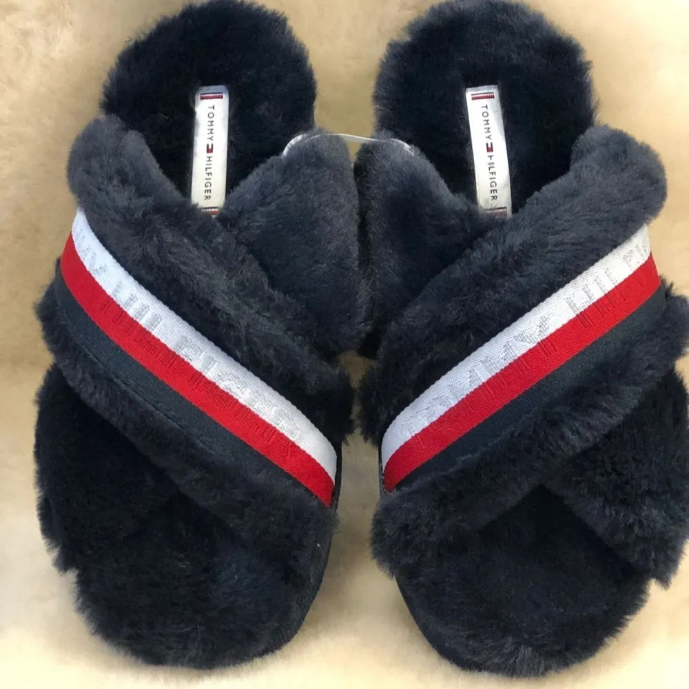 Tommy Hilfiger Ladies Navy Furry Home Slipper