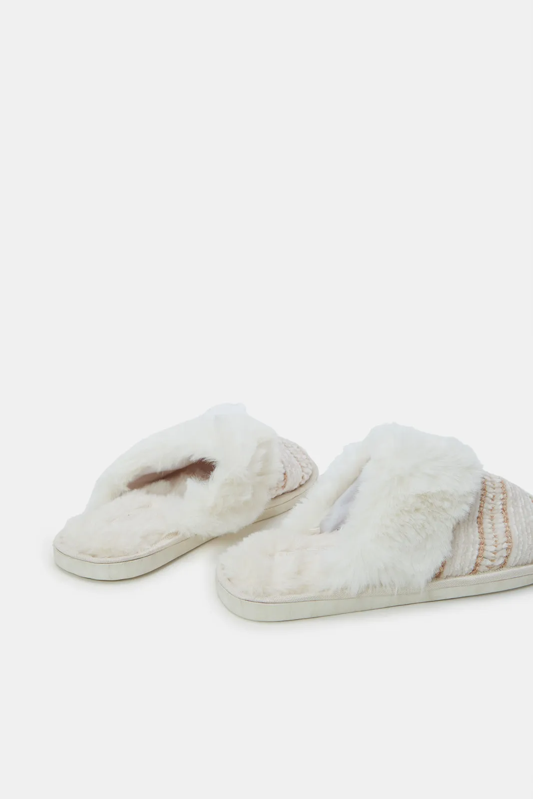 Women Ivory Chenille Fur Trim Slipper