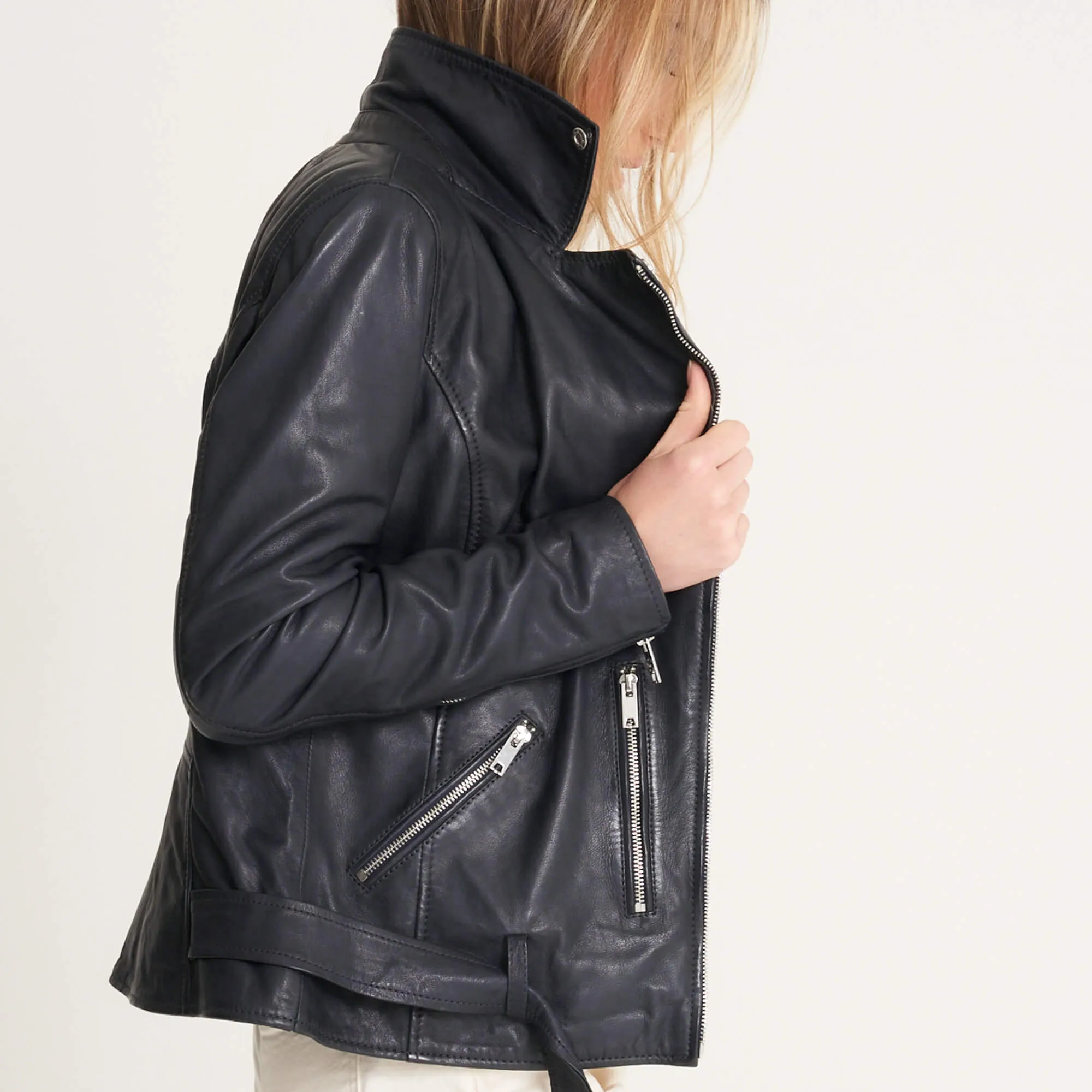 Women's Navy Chrome-Free Leather Jacket | Barneys Originals