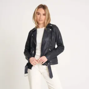 Women's Navy Chrome-Free Leather Jacket | Barneys Originals