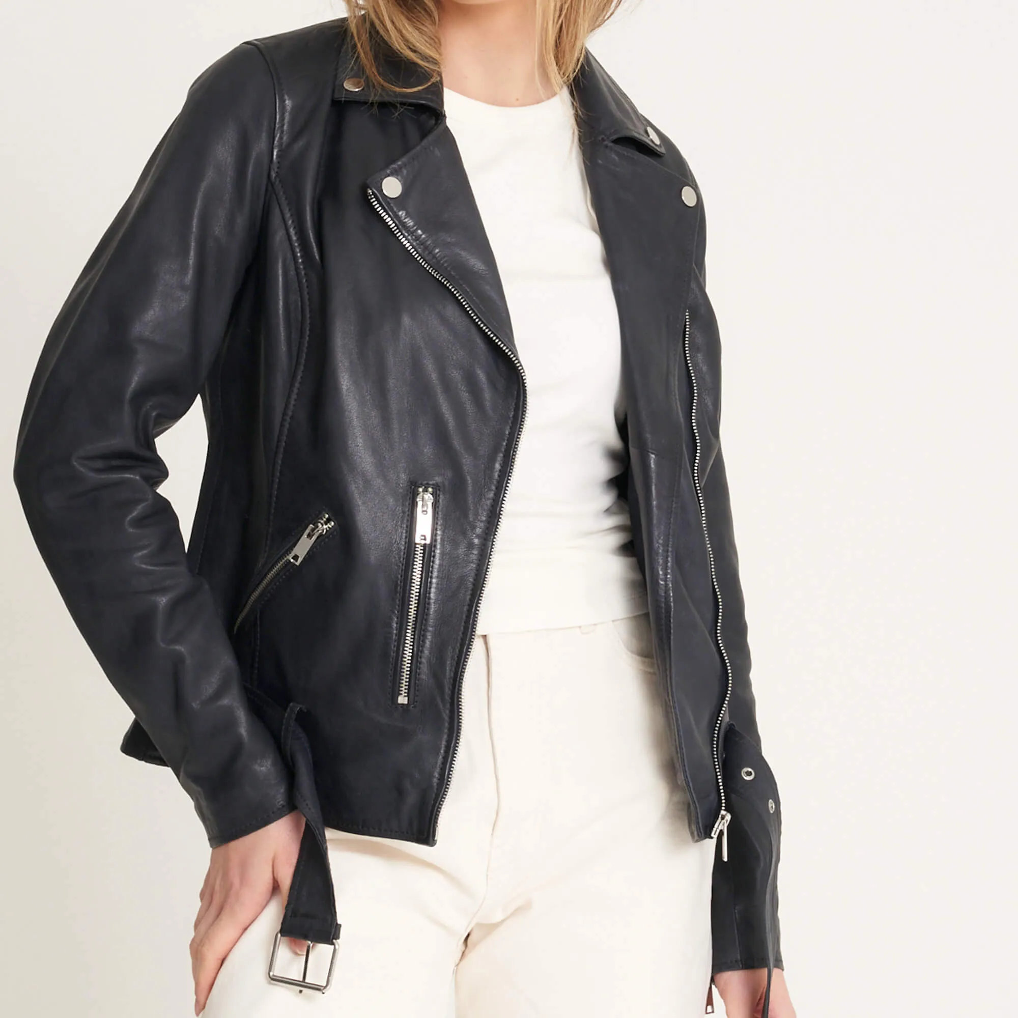 Women's Navy Chrome-Free Leather Jacket | Barneys Originals