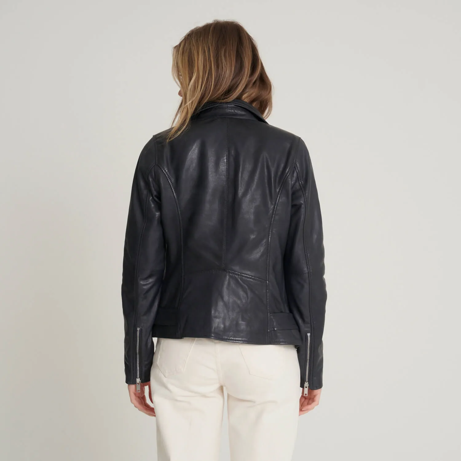 Women's Navy Chrome-Free Leather Jacket | Barneys Originals