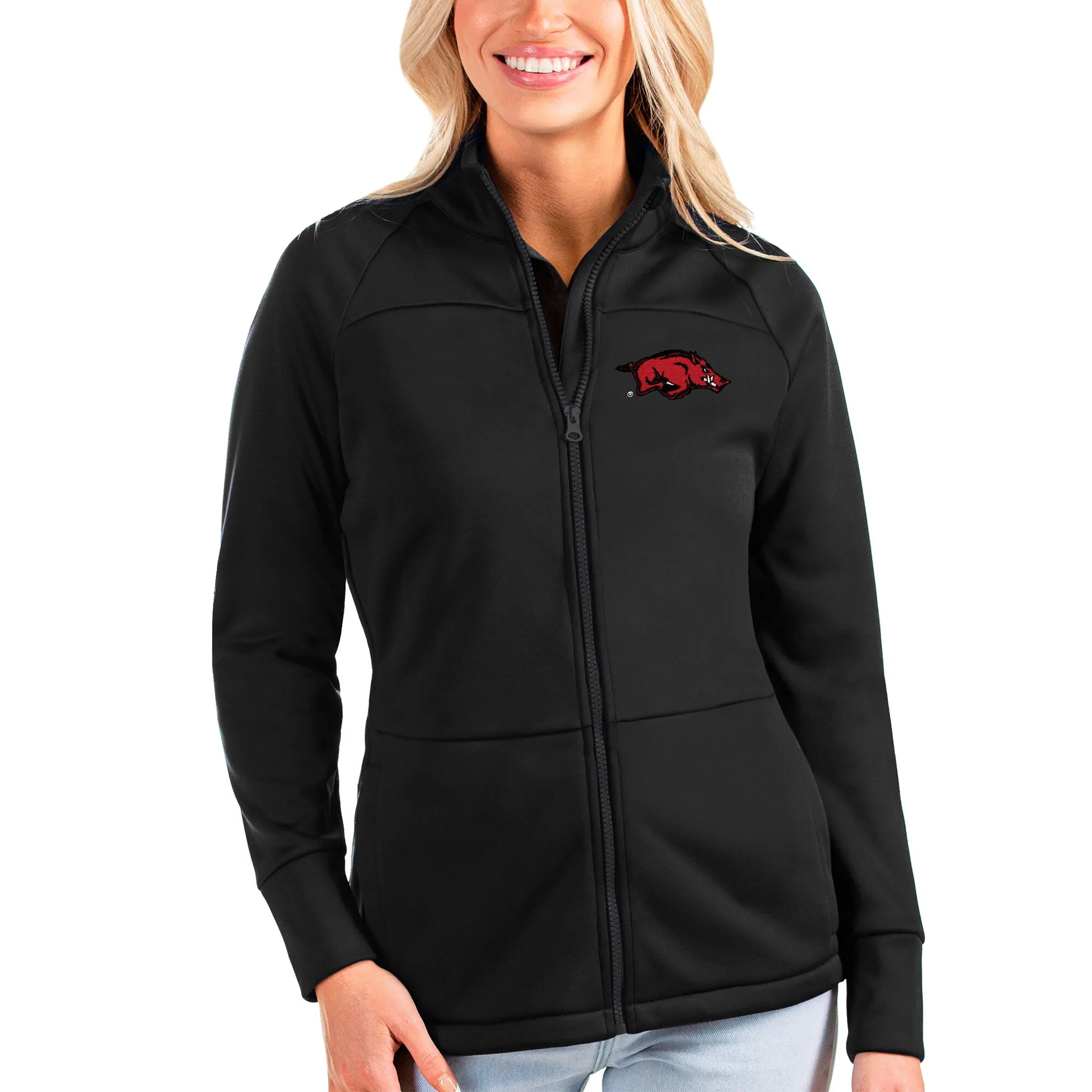 Women's Antigua Black Arkansas Razorbacks Links Full-Zip Raglan Golf Jacket