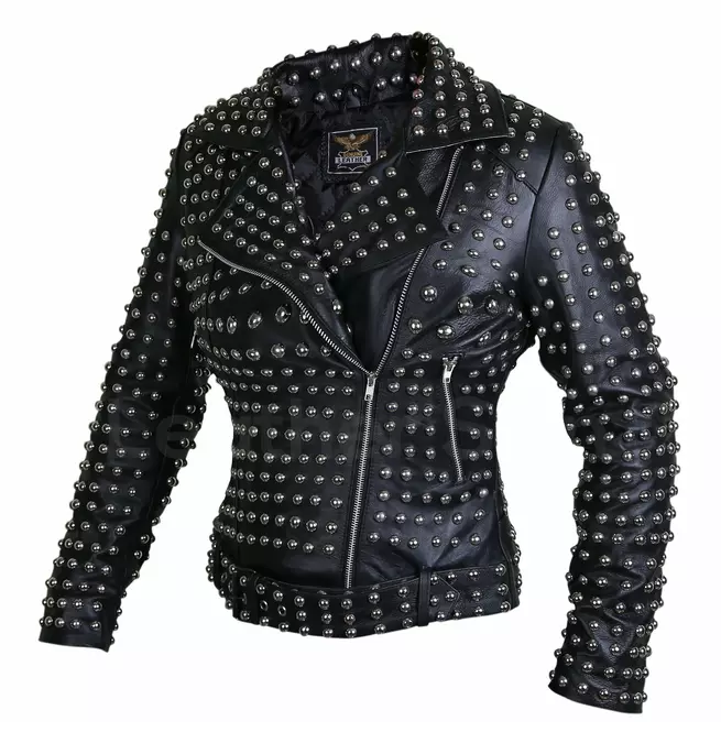 Women's Black Brando Belted Round Cap Leather Jacket With Studs