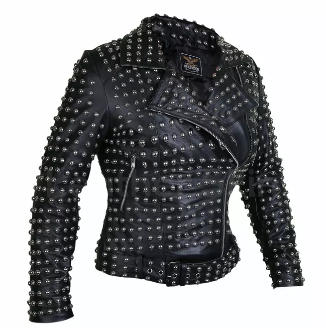 Women's Black Brando Belted Round Cap Leather Jacket With Studs